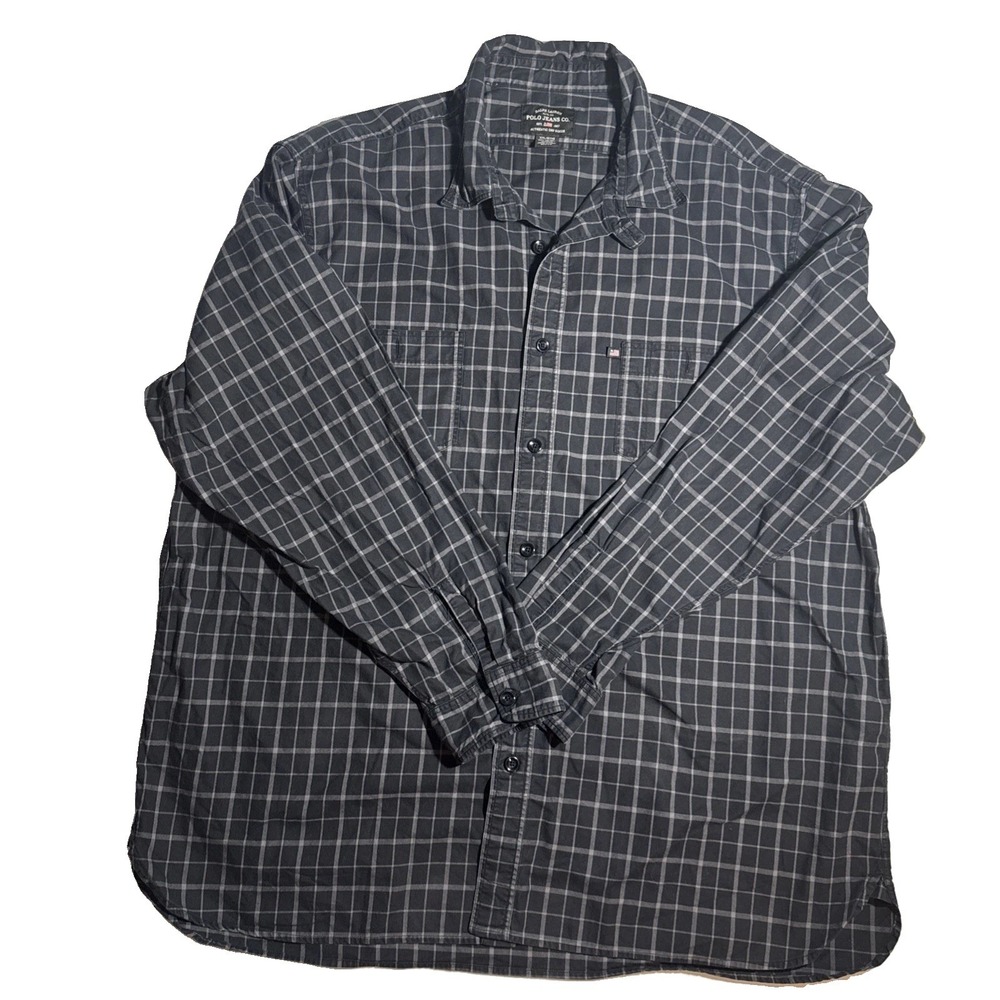 Polo Jeans Co Shirt Mens XXL Gray Plaid Cotton Long Sleeve Button Up Casual